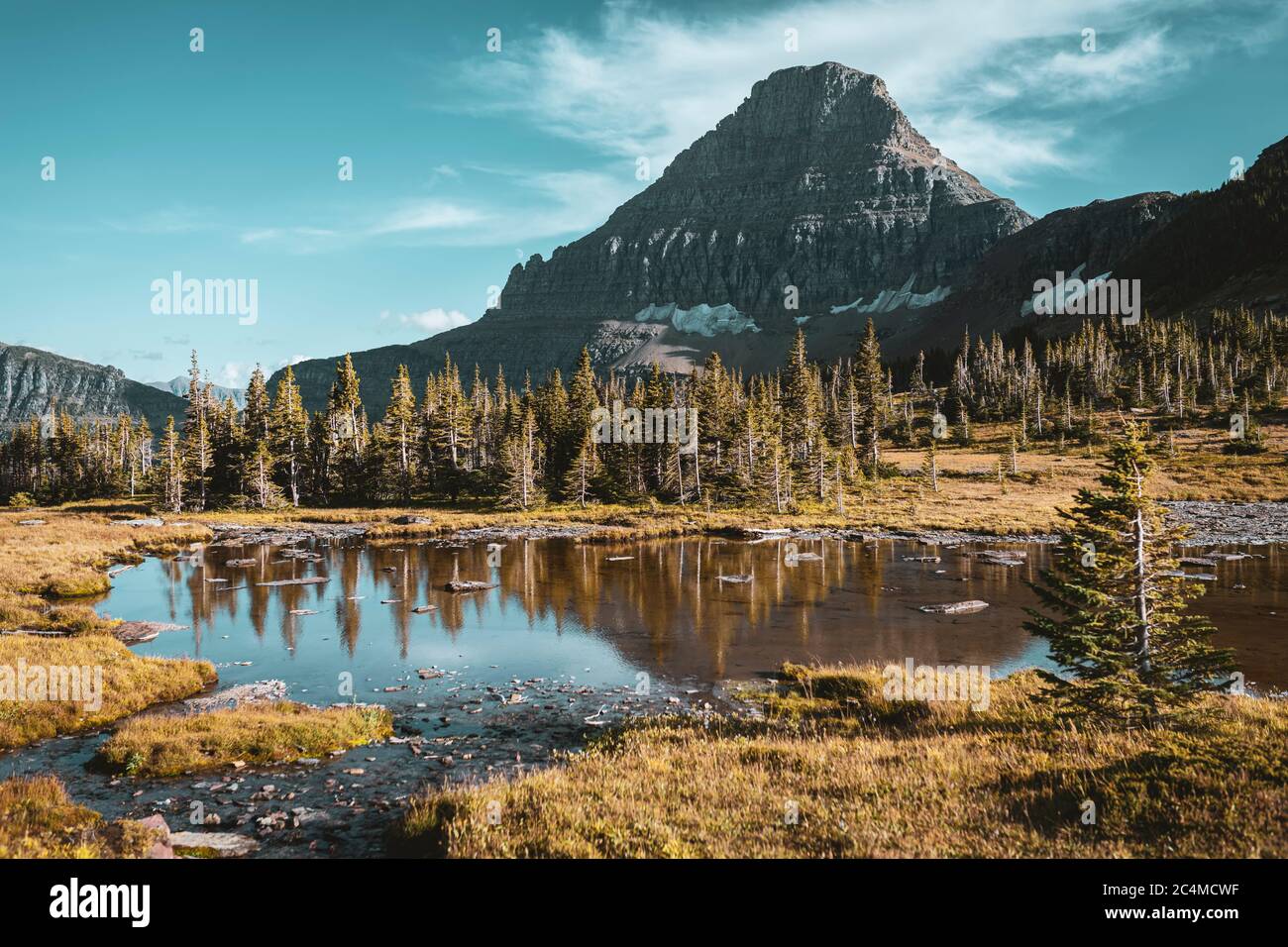 Hiking at the famous logan pass, hidden lake overlook, explore the nature and look for mountain goats Stock Photo