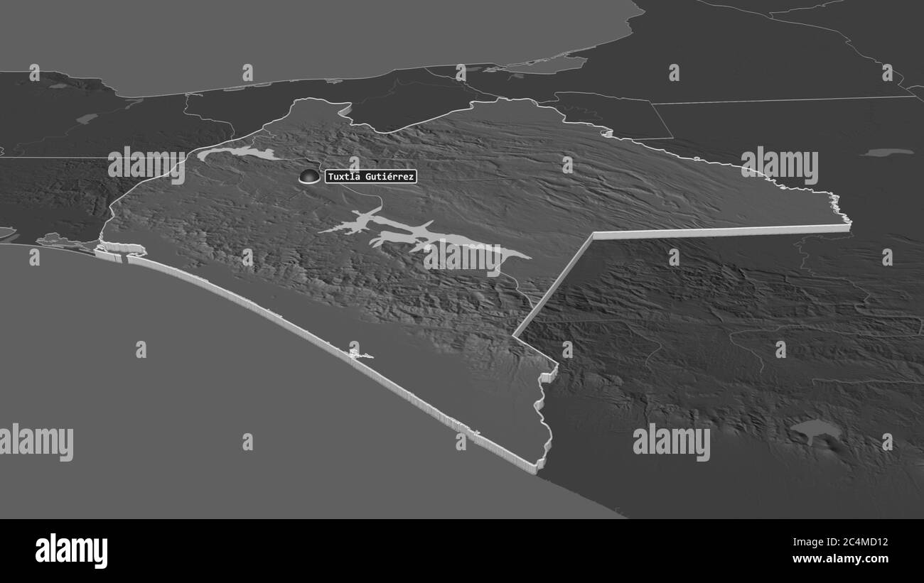 Zoom in on Chiapas (state of Mexico) extruded. Oblique perspective. Bilevel elevation map with surface waters. 3D rendering Stock Photo