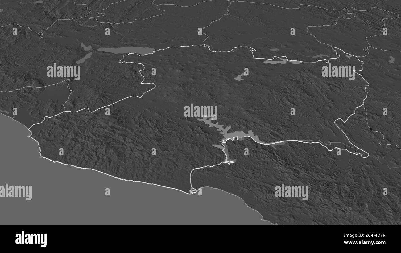 Zoom in on Michoacán (state of Mexico) outlined. Oblique perspective. Bilevel elevation map with surface waters. 3D rendering Stock Photo