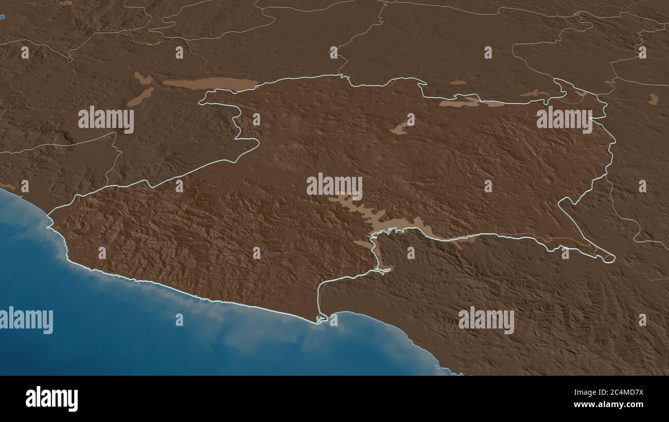 Zoom in on Michoacán (state of Mexico) outlined. Oblique perspective. Colored and bumped map of the administrative division with surface waters. 3D re Stock Photo