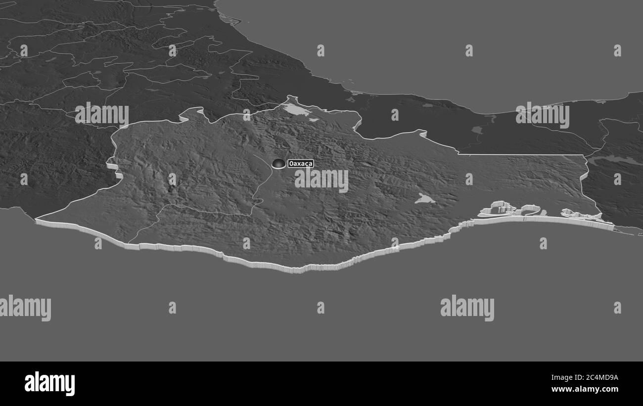 Zoom in on Oaxaca (state of Mexico) extruded. Oblique perspective