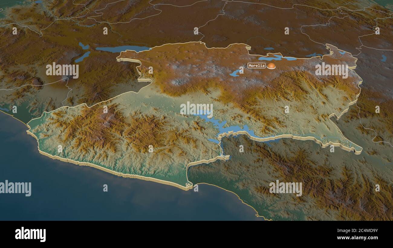 Zoom in on Michoacán (state of Mexico) extruded. Oblique perspective.  Topographic relief map with surface waters. 3D rendering Stock Photo - Alamy, image size:1300x821