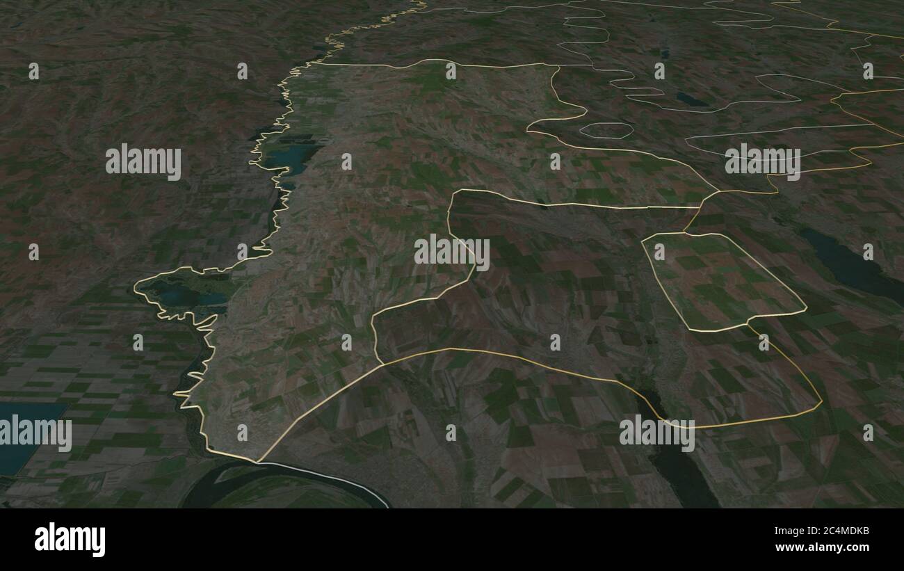 Zoom in on Cahul (district of Moldova) outlined. Oblique perspective ...