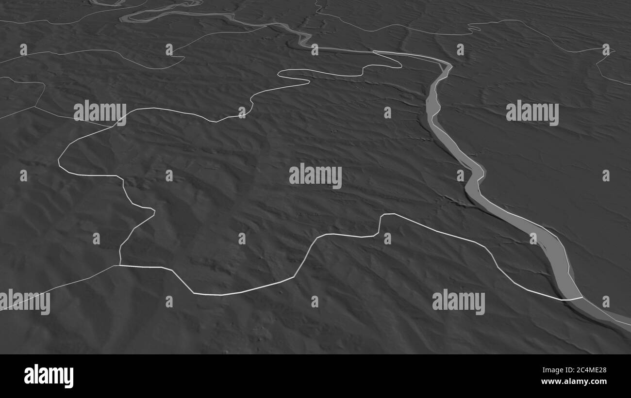 Zoom in on Rezina (district of Moldova) outlined. Oblique perspective. Bilevel elevation map with surface waters. 3D rendering Stock Photo