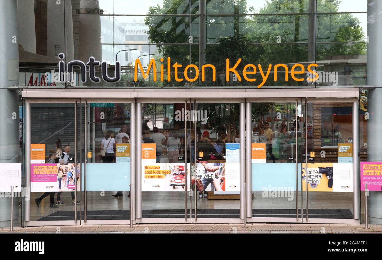 Milton Keynes, UK. 27th June, 2020. Main entrance to the Intu shopping centre in Milton Keynes.Intu, Britain's largest shopping centre owner with 17 sites in the UK, has called in administrators. The debt-laden firm, whose giant shopping malls include MetroCentre and the Trafford Centre in northern England and Lakeside in the south east, employs around 2,500 staff directly and another 100,000 people work at shops and restaurants inside its centres. Credit: SOPA Images Limited/Alamy Live News Stock Photo