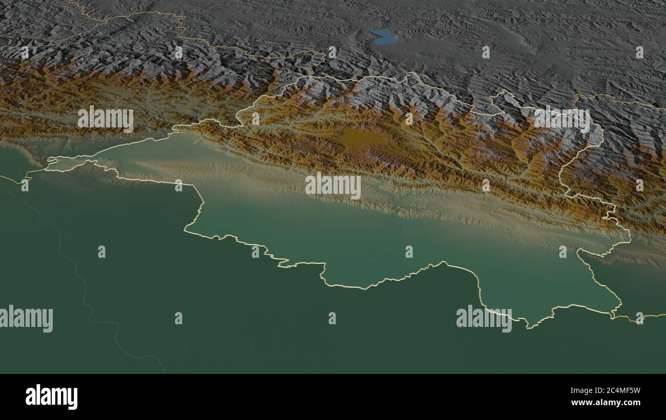 Zoom in on Central (development region of Nepal) outlined. Oblique ...