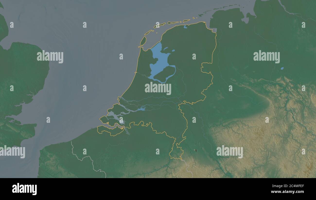 Outlined shape of the Netherlands area. Topographic relief map with ...