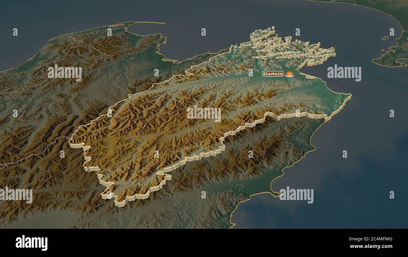 Zoom in on Marlborough (unitary authority of New Zealand) extruded. Oblique perspective. Topographic relief map with surface waters. 3D rendering Stock Photo