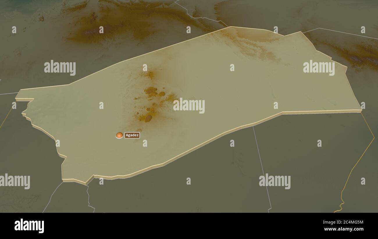 Zoom in on Agadez (department of Niger) extruded. Oblique perspective ...