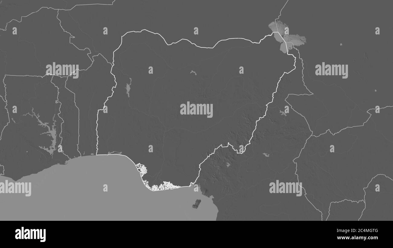 Outlined shape of the Nigeria area. Bilevel elevation map with surface