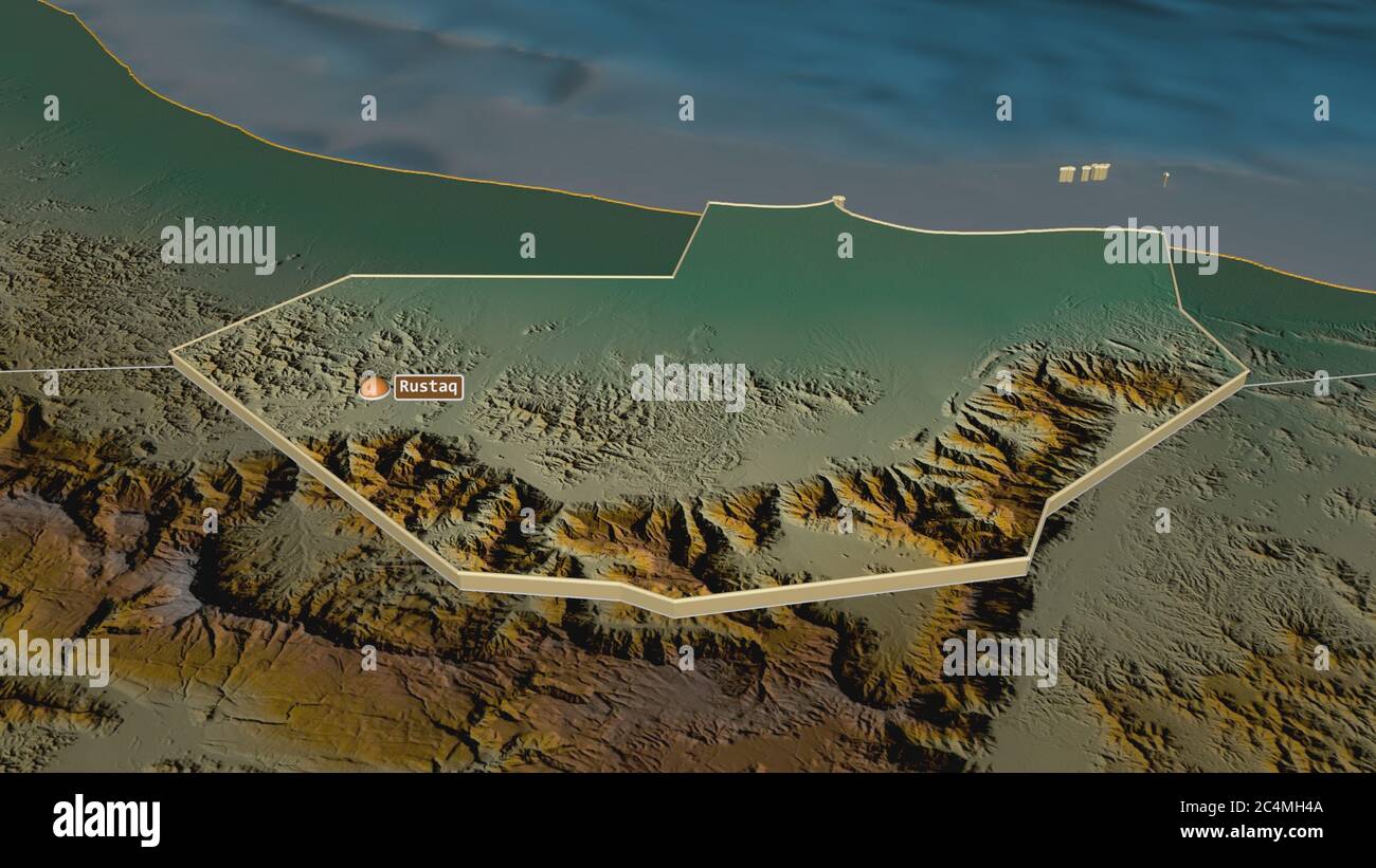 Zoom in on Al Batinah South (region of Oman) extruded. Oblique perspective. Topographic relief map with surface waters. 3D rendering Stock Photo