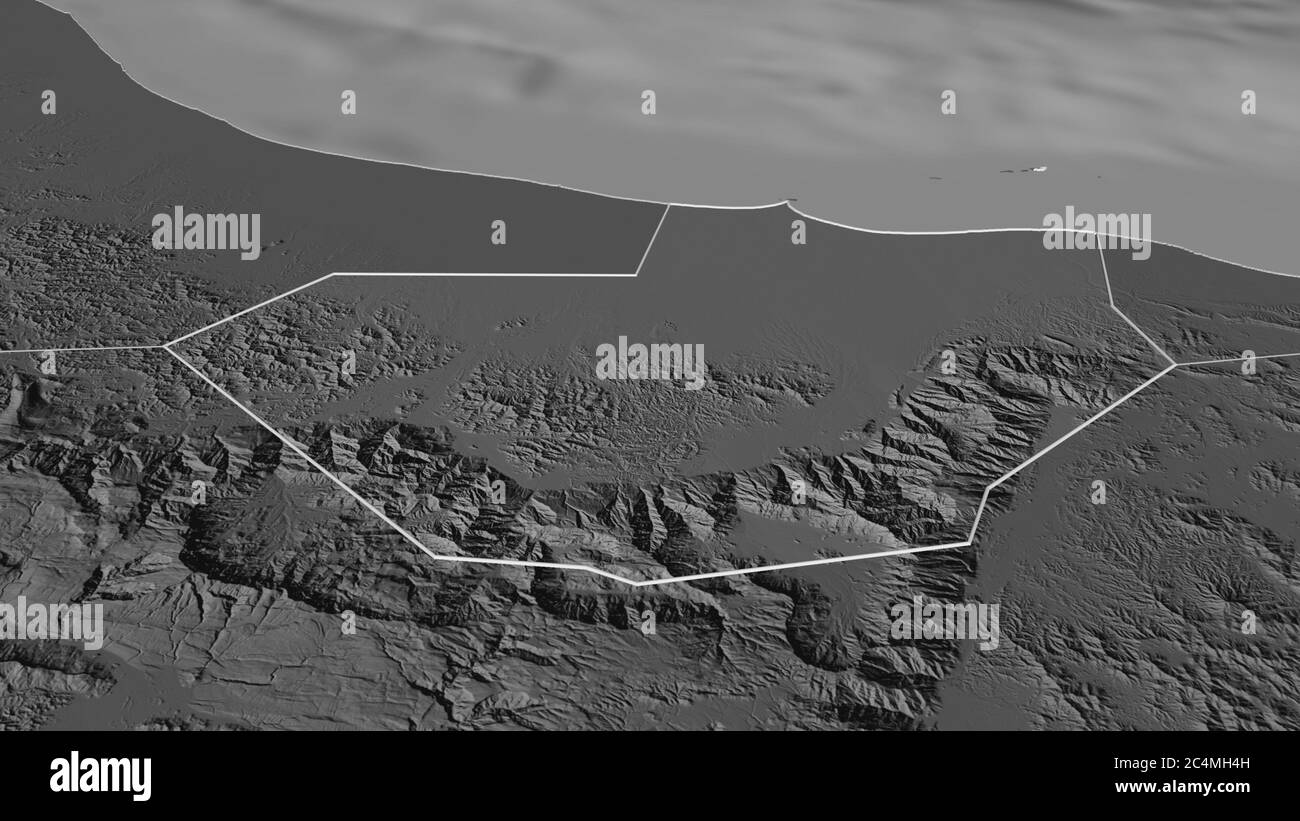 Zoom in on Al Batinah South (region of Oman) outlined. Oblique perspective. Bilevel elevation map with surface waters. 3D rendering Stock Photo