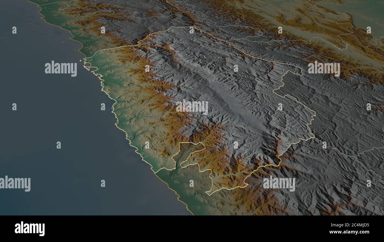 Zoom in on Ancash (region of Peru) outlined. Oblique perspective. Topographic relief map with surface waters. 3D rendering Stock Photo