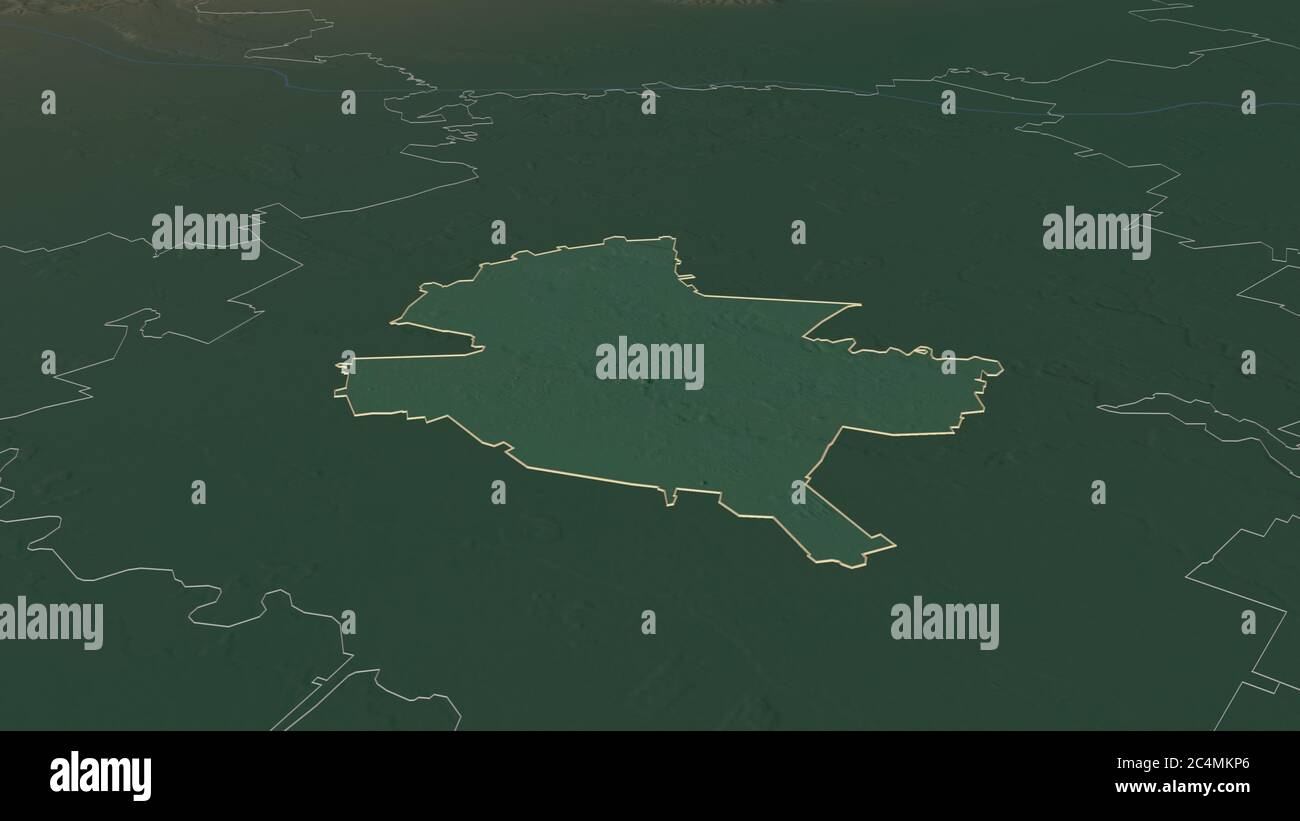 Zoom in on Bucharest (municipality of Romania) outlined. Oblique ...