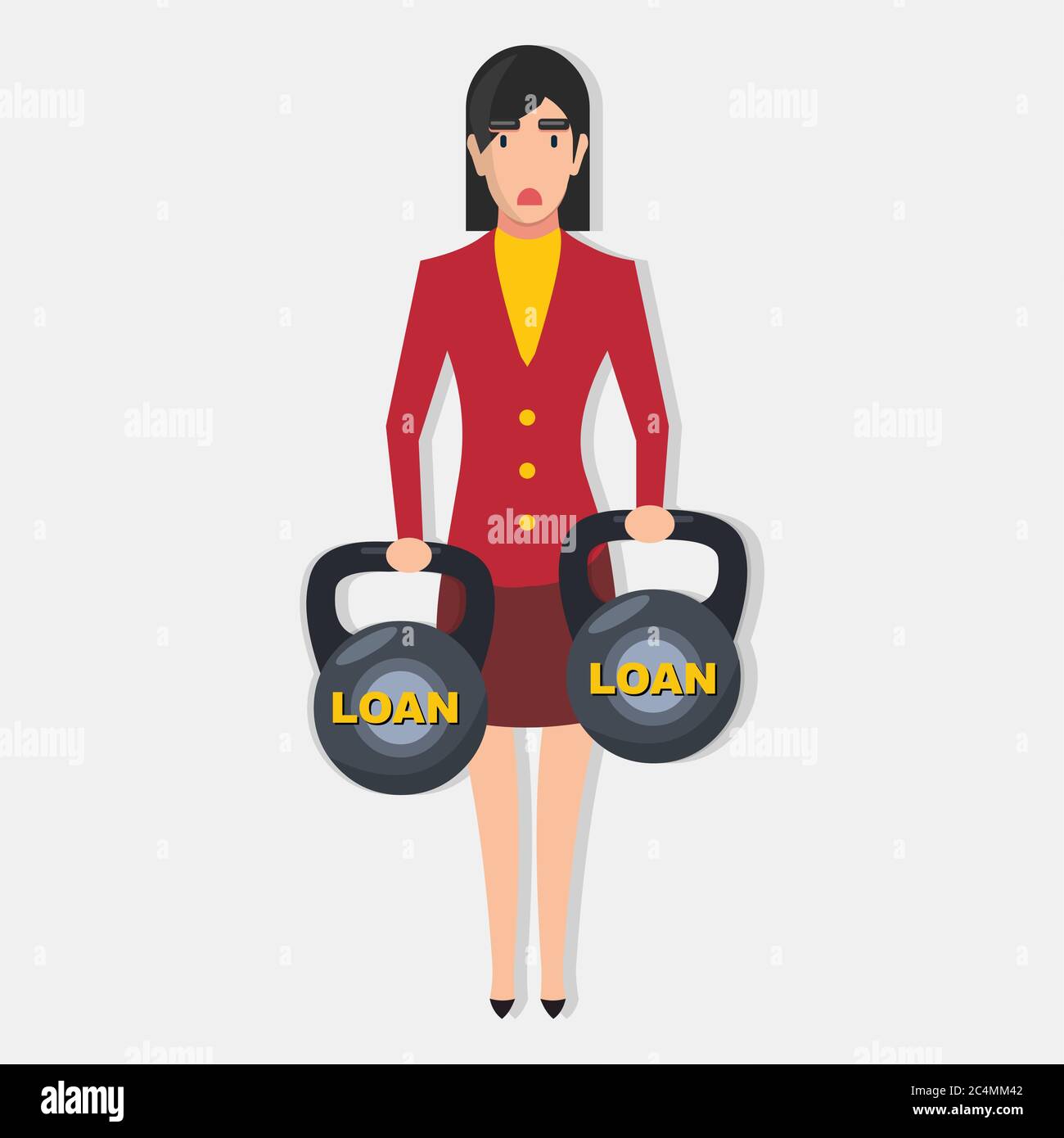 woman holding kettlebell for loan business bankruptcy concept vector illustration Stock Vector