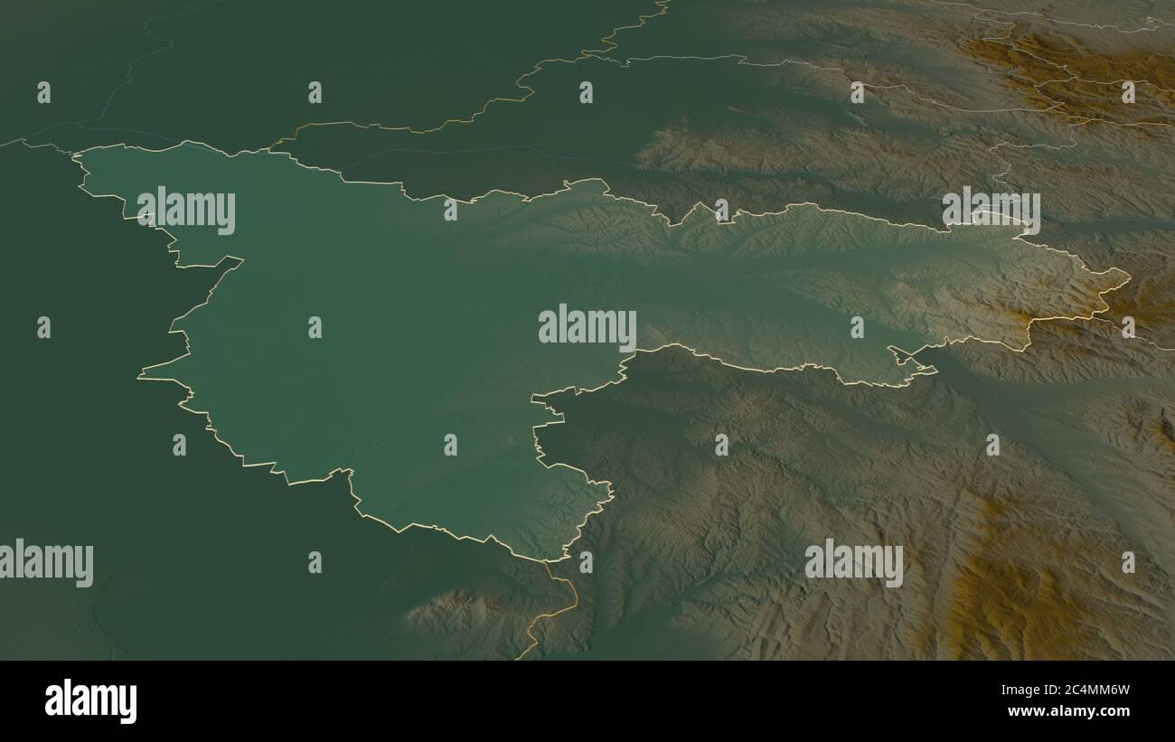 Zoom in on Timiș (county of Romania) outlined. Oblique perspective ...