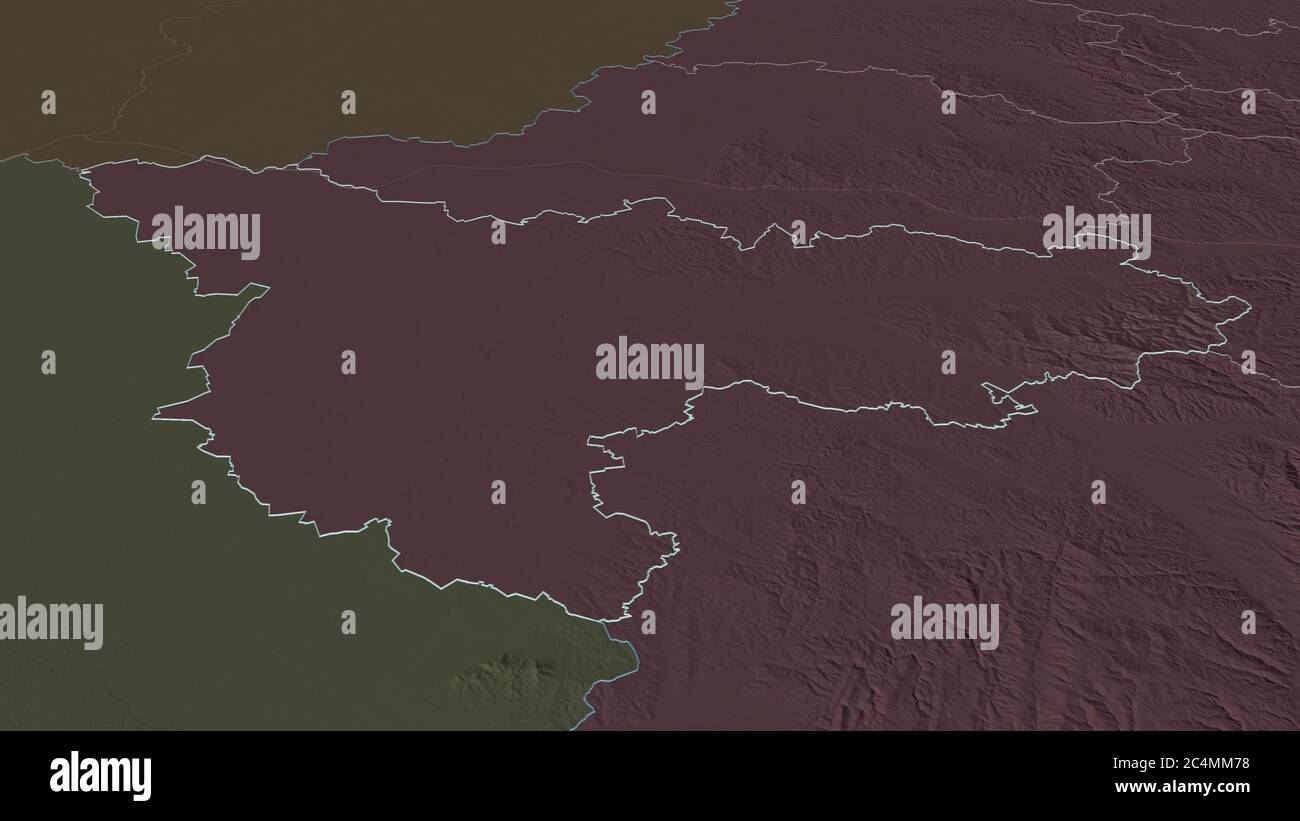 Zoom in on Timiș (county of Romania) outlined. Oblique perspective ...