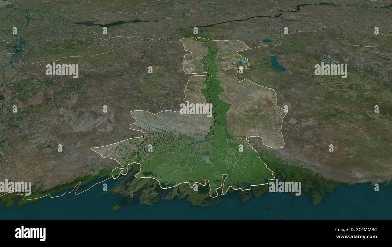 Zoom in on Astrakhan' (region of Russia) outlined. Oblique perspective. Satellite imagery. 3D rendering Stock Photo