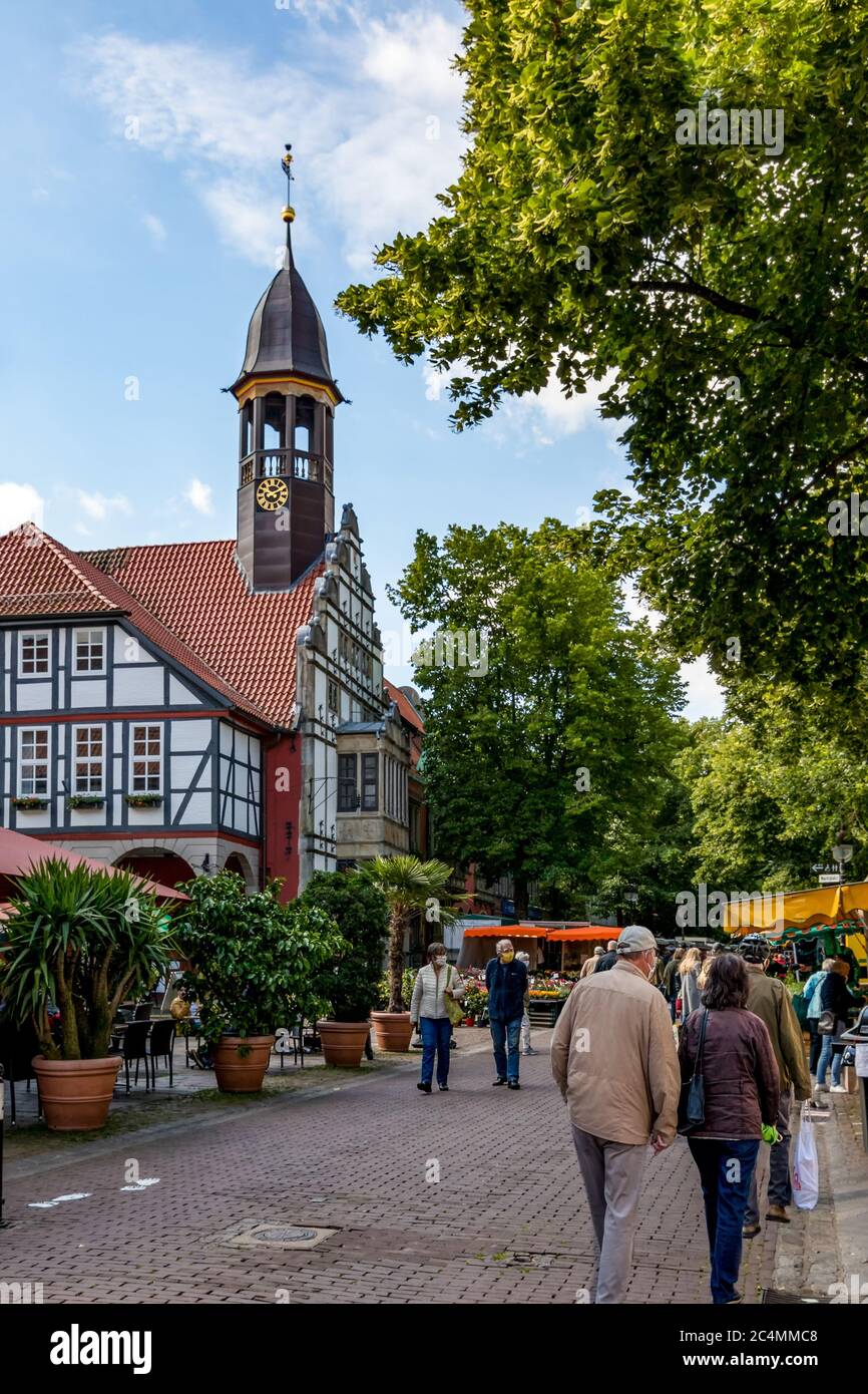 Weekly market in Nienburg at the town hall Stock Photo