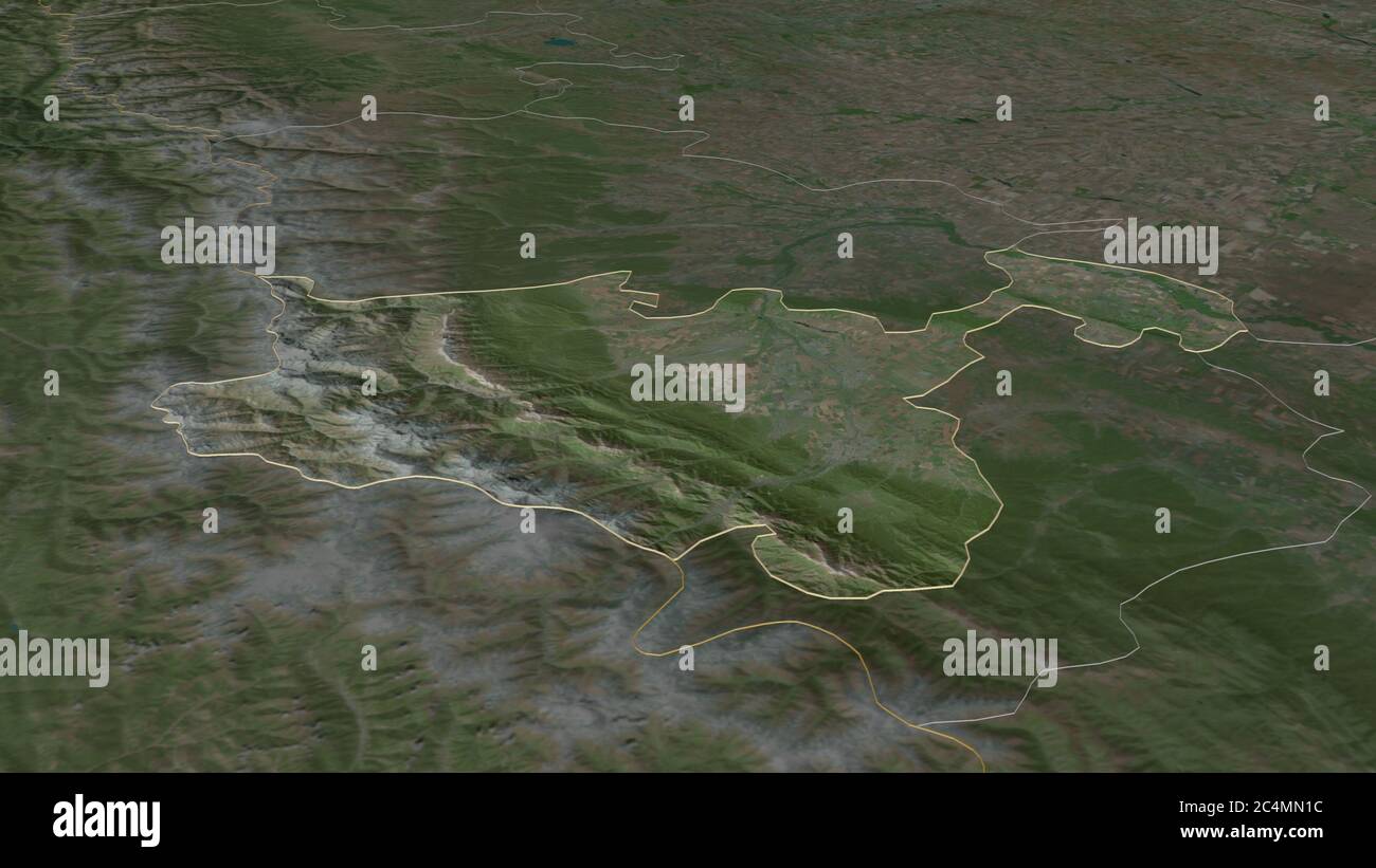 Zoom in on North Ossetia (republic of Russia) outlined. Oblique perspective. Satellite imagery. 3D rendering Stock Photo