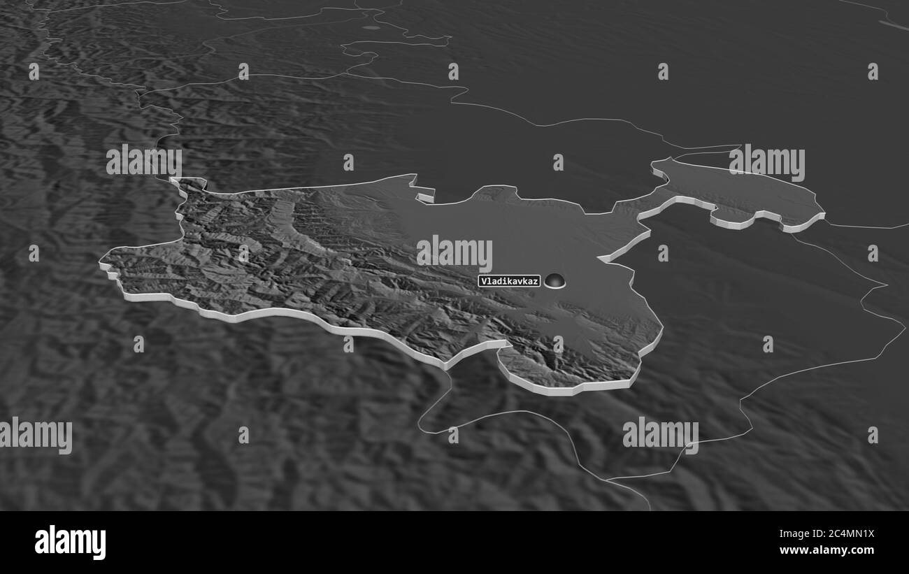 Zoom in on North Ossetia (republic of Russia) extruded. Oblique perspective. Bilevel elevation map with surface waters. 3D rendering Stock Photo