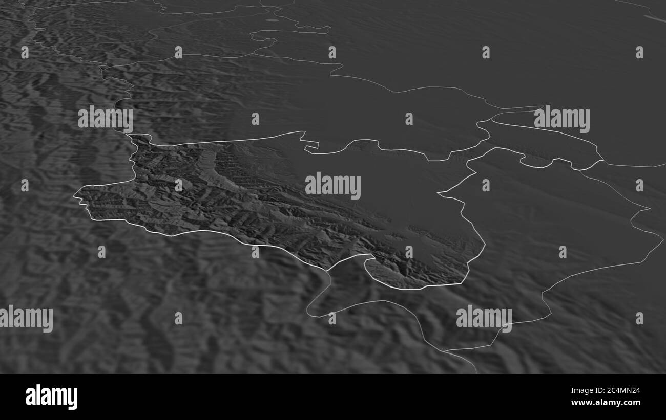 Zoom in on North Ossetia (republic of Russia) outlined. Oblique perspective. Bilevel elevation map with surface waters. 3D rendering Stock Photo