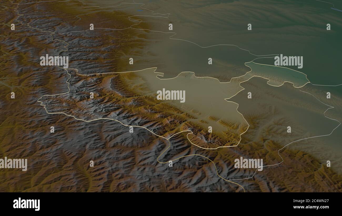 Zoom in on North Ossetia (republic of Russia) outlined. Oblique perspective. Topographic relief map with surface waters. 3D rendering Stock Photo