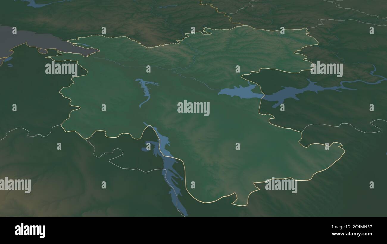 Zoom in on Rostov (region of Russia) outlined. Oblique perspective. Topographic relief map with surface waters. 3D rendering Stock Photo