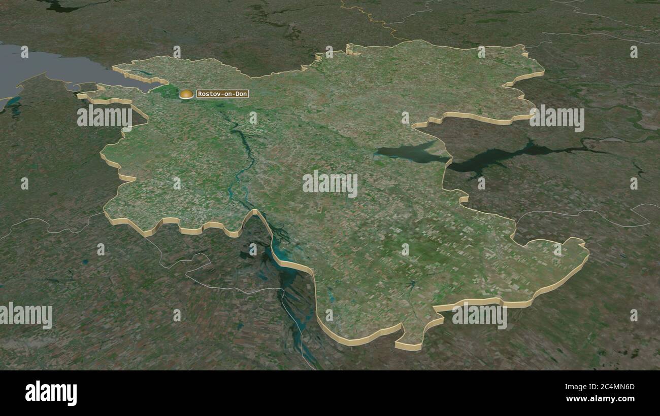 Zoom in on Rostov (region of Russia) extruded. Oblique perspective. Satellite imagery. 3D rendering Stock Photo