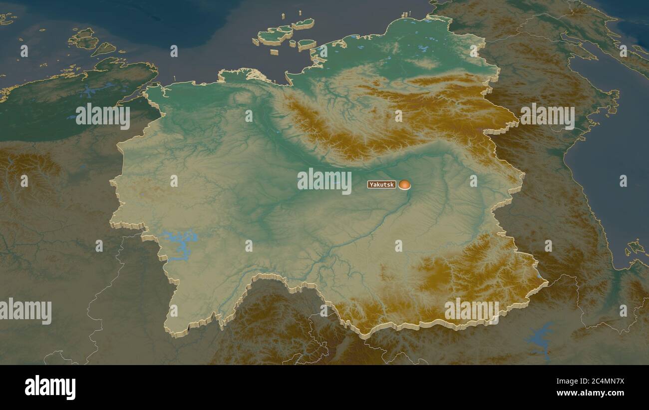 Zoom In On Sakha Republic Of Russia Extruded Oblique Perspective Topographic Relief Map With Surface Waters 3d Rendering Stock Photo Alamy