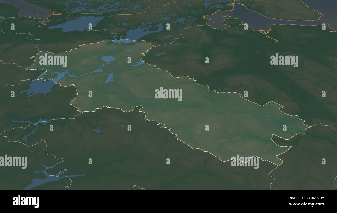 Zoom in on Vologda (region of Russia) outlined. Oblique perspective. Topographic relief map with surface waters. 3D rendering Stock Photo