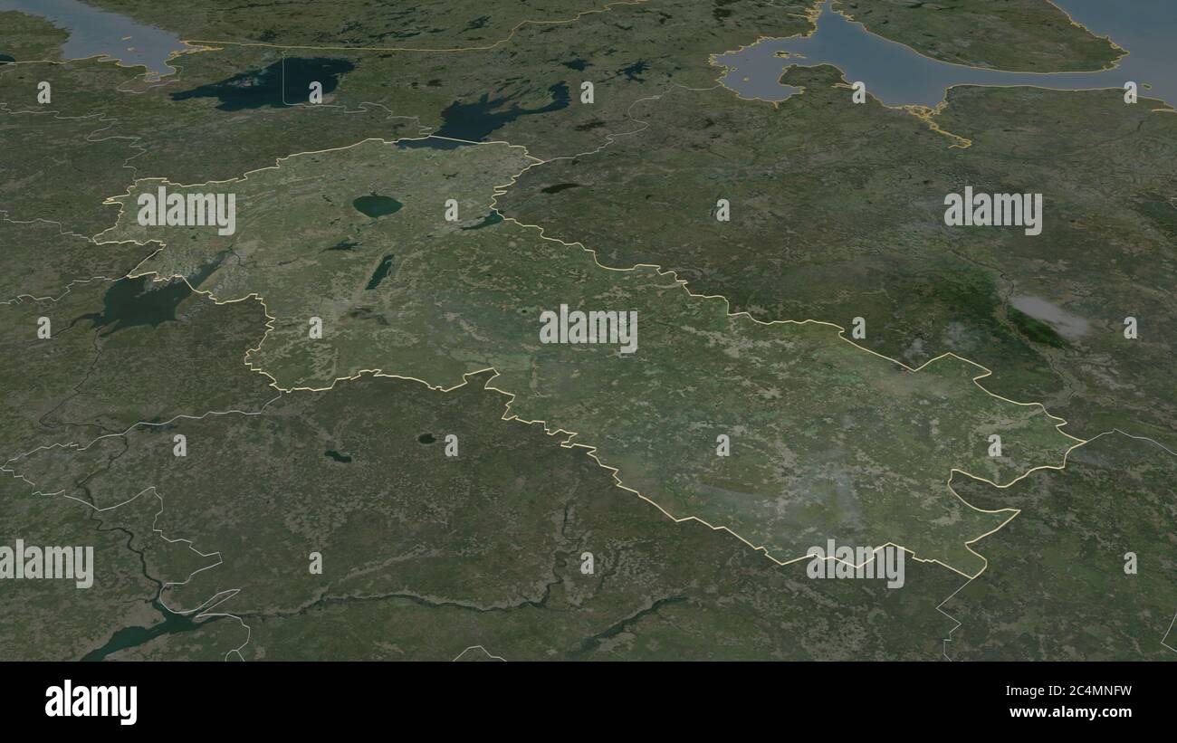 Zoom in on Vologda (region of Russia) outlined. Oblique perspective. Satellite imagery. 3D rendering Stock Photo