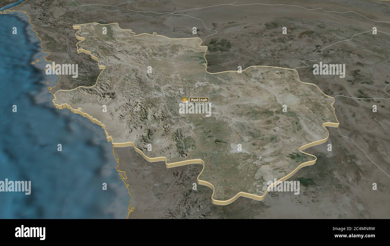 Zoom in on Al Madinah (region of Saudi Arabia) extruded. Oblique ...