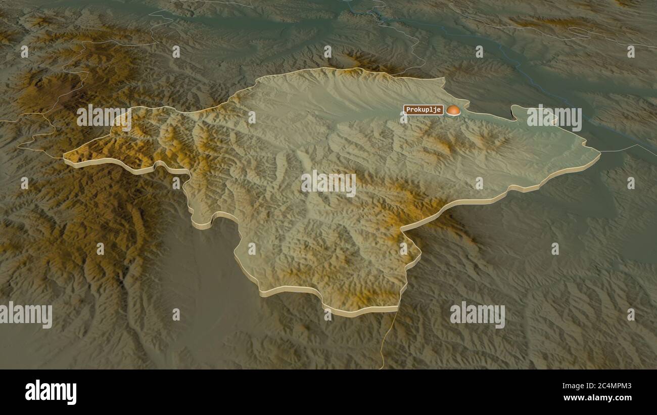Toplica Zoom in on Toplički (district of Serbia) extruded. Oblique perspective ...