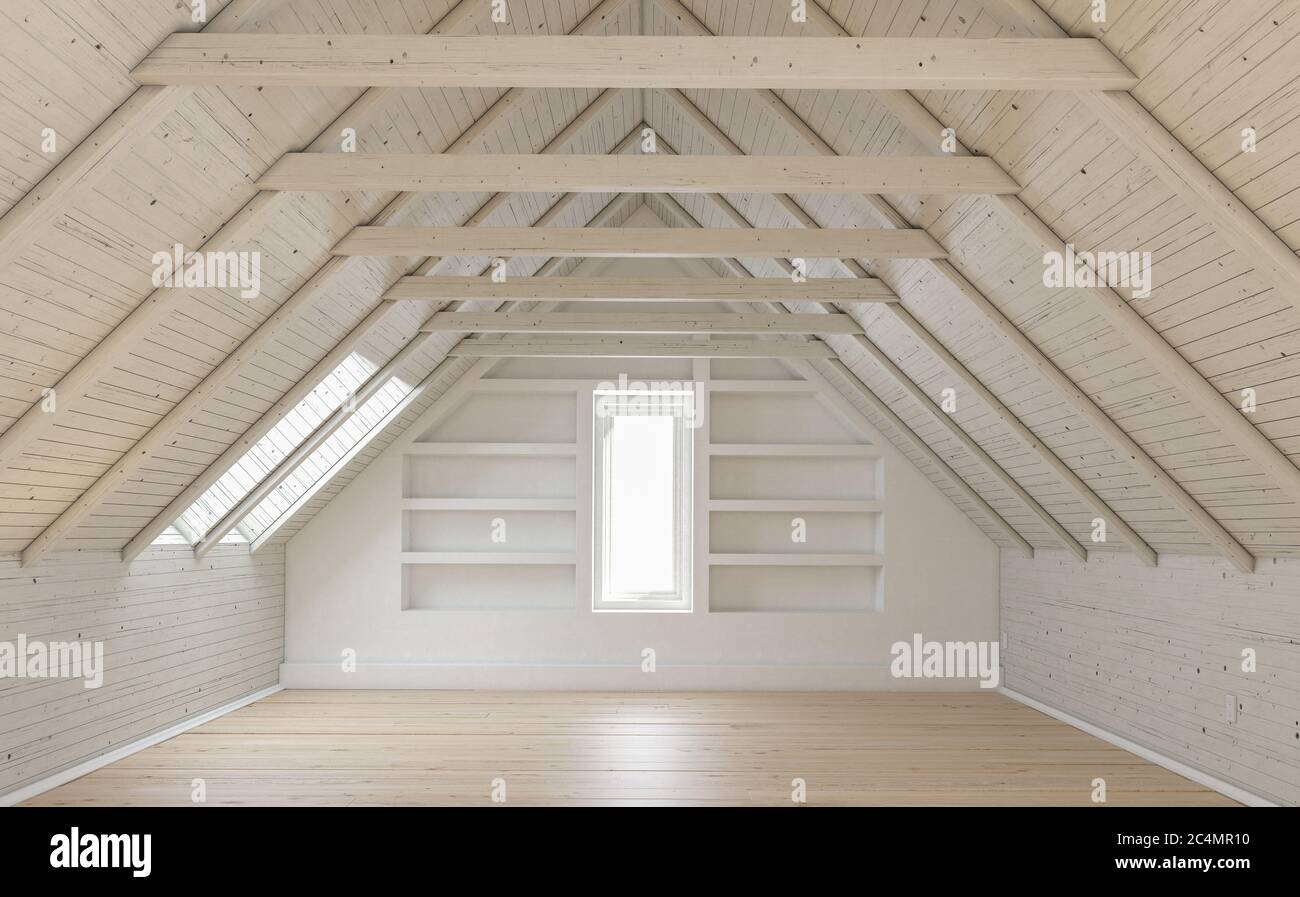 Empty Loft Apartment with a Staircase 3D Rendering Stock Photo