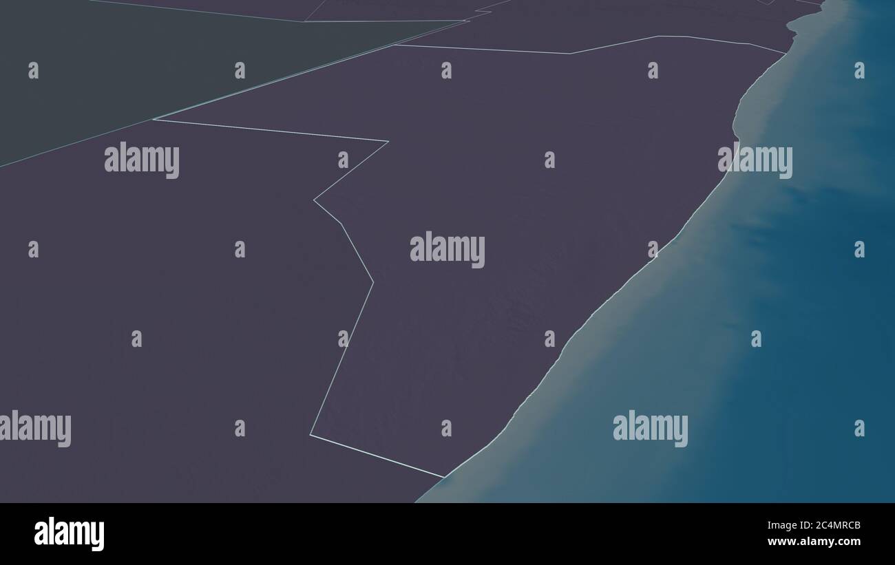 Zoom in on Mudug (region of Somalia) outlined. Oblique perspective ...