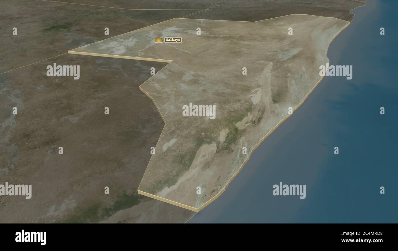 Zoom in on Mudug (region of Somalia) extruded. Oblique perspective ...