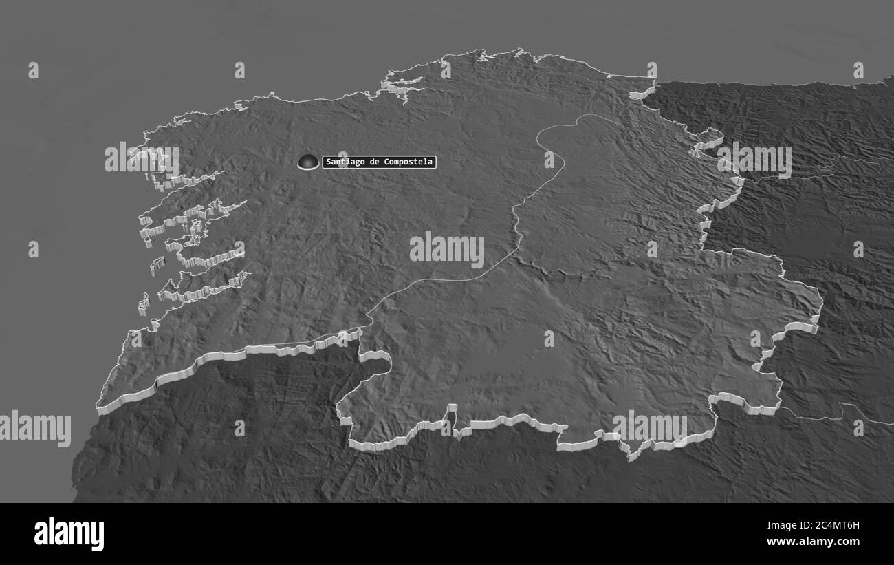 Zoom in on Galicia (autonomous community of Spain) extruded. Oblique perspective. Bilevel elevation map with surface waters. 3D rendering Stock Photo