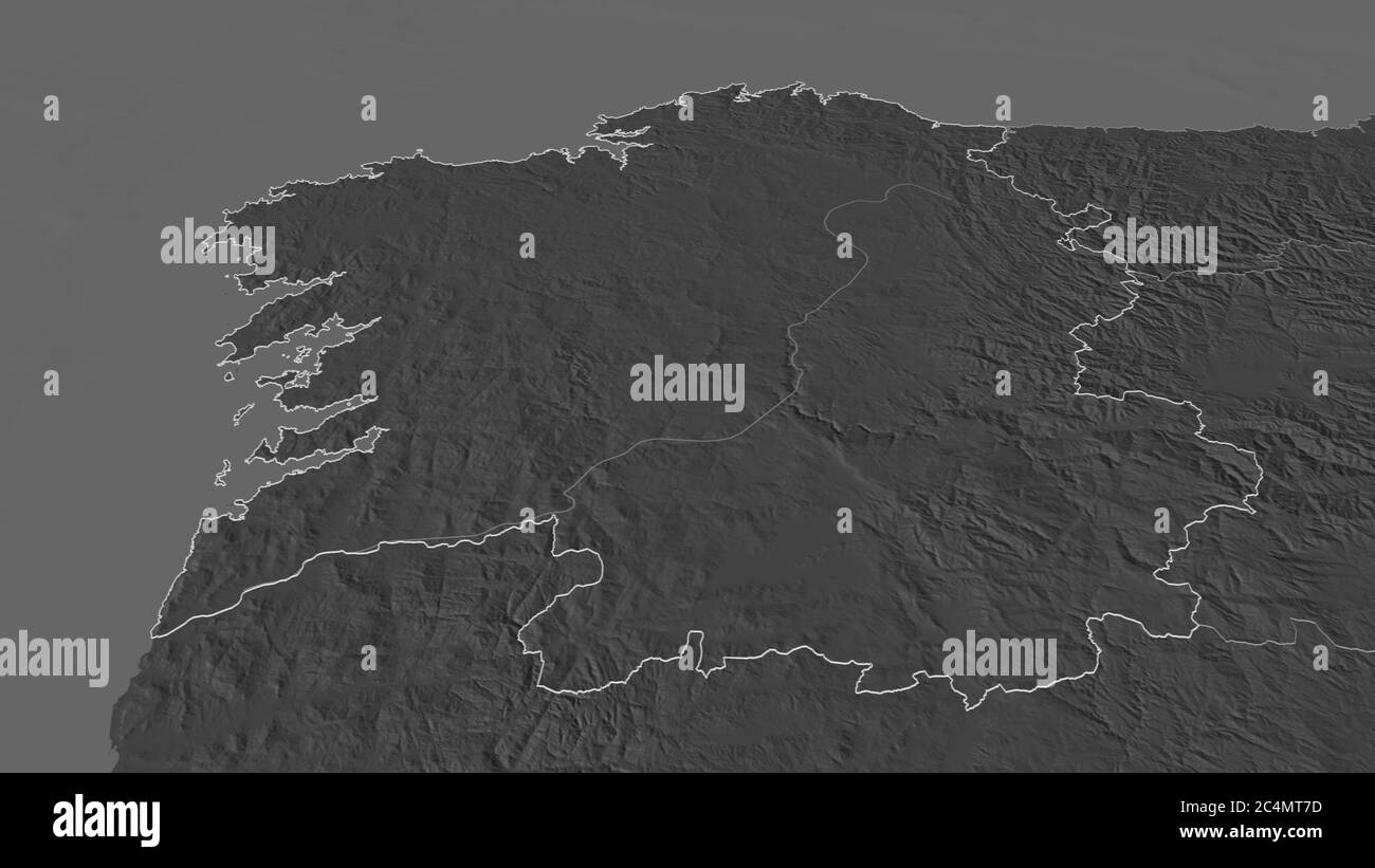 Zoom in on Galicia (autonomous community of Spain) outlined. Oblique perspective. Bilevel elevation map with surface waters. 3D rendering Stock Photo