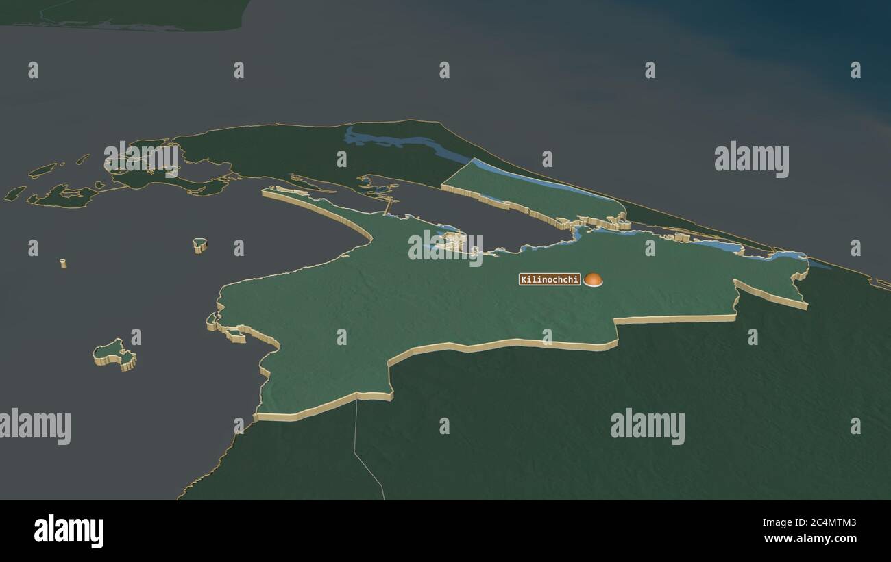 Zoom in on Kilinochchi (district of Sri Lanka) extruded. Oblique perspective. Topographic relief map with surface waters. 3D rendering Stock Photo