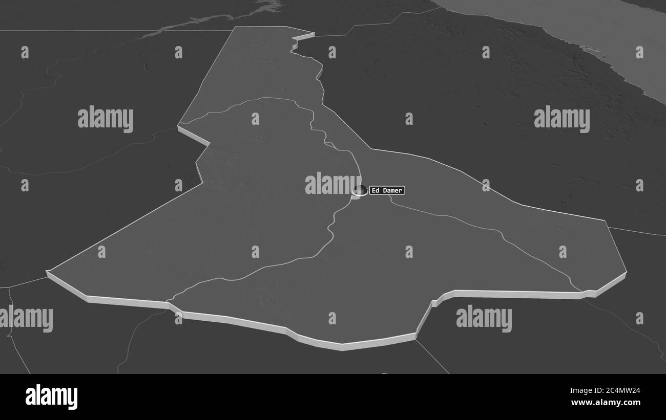 Zoom in on River Nile (state of Sudan) extruded. Oblique perspective. Bilevel elevation map with surface waters. 3D rendering Stock Photo