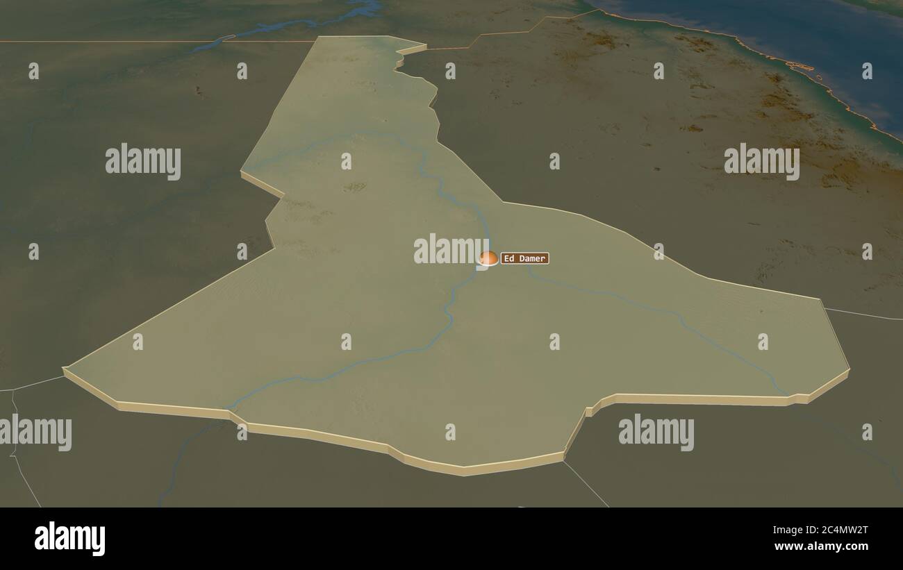 Zoom in on River Nile (state of Sudan) extruded. Oblique perspective. Topographic relief map with surface waters. 3D rendering Stock Photo