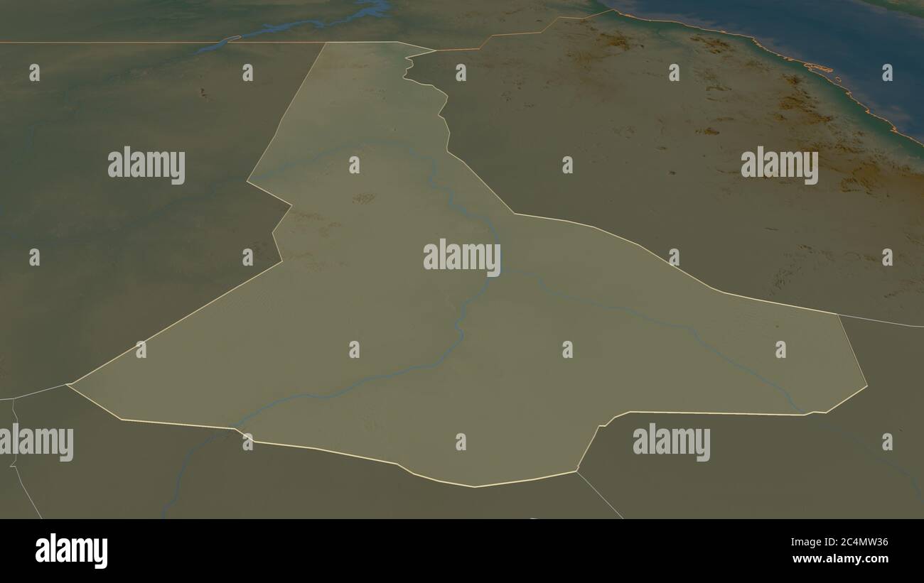 Zoom in on River Nile (state of Sudan) outlined. Oblique perspective. Topographic relief map with surface waters. 3D rendering Stock Photo