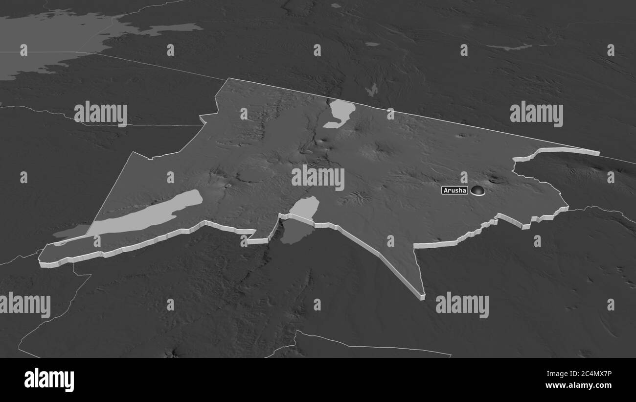 Zoom in on Arusha (region of Tanzania) extruded. Oblique perspective