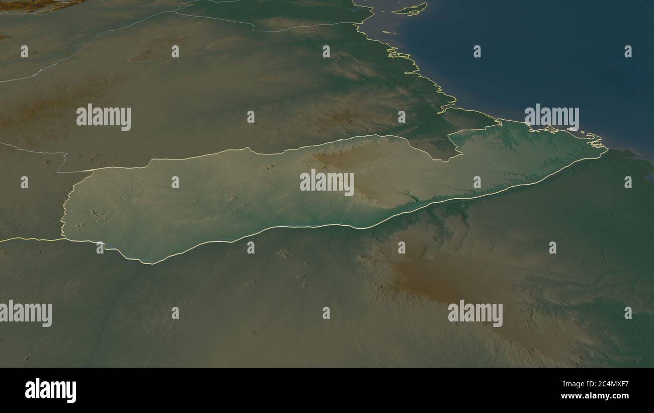 Zoom in on Mtwara (region of Tanzania) outlined. Oblique perspective ...