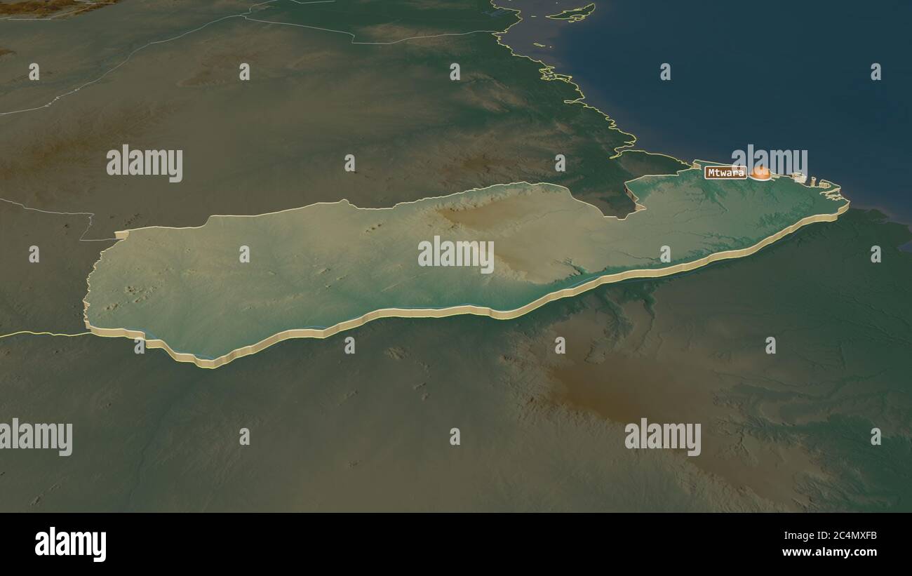 Zoom in on Mtwara (region of Tanzania) extruded. Oblique perspective ...