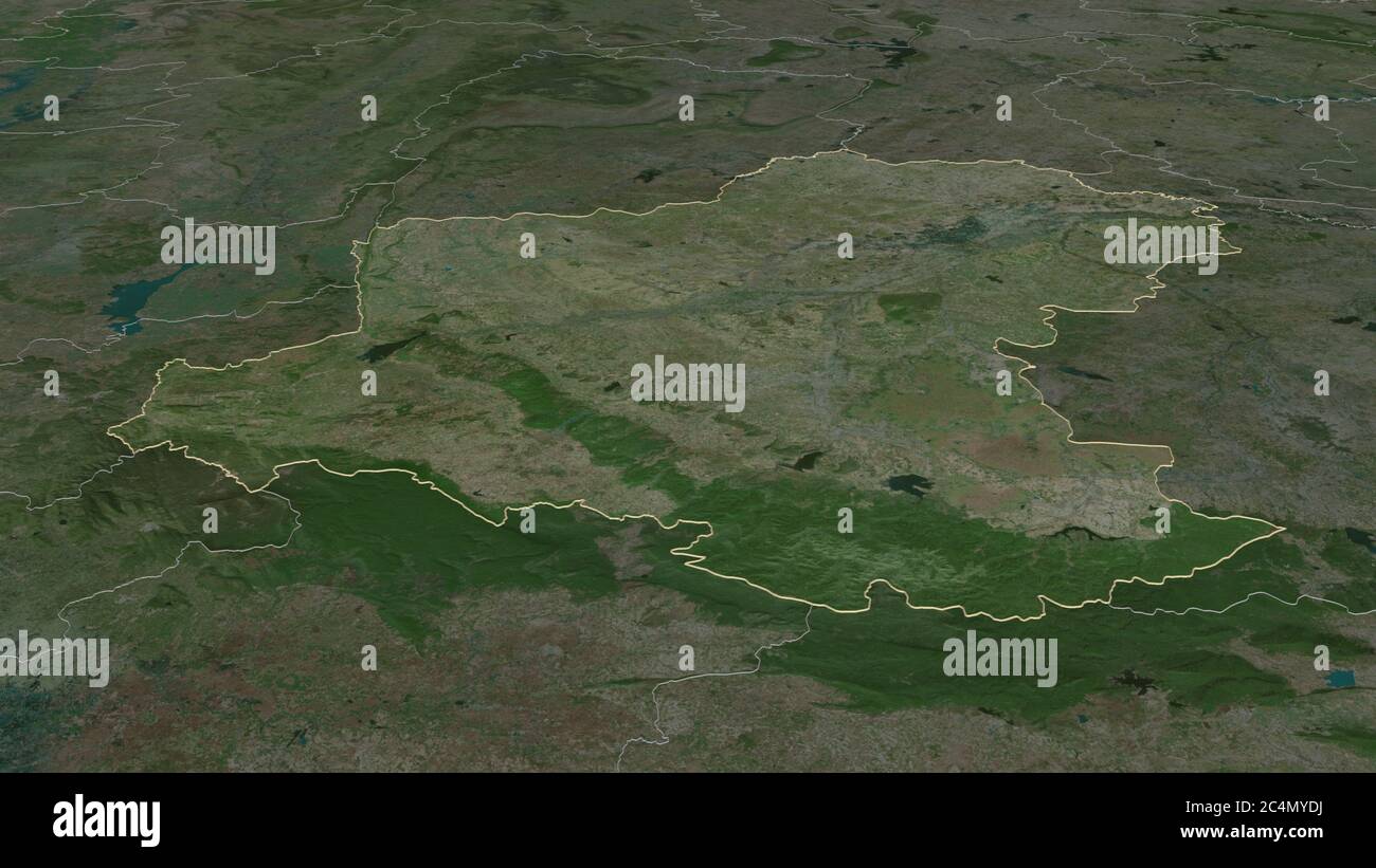 Zoom in on Nakhon Ratchasima (province of Thailand) outlined. Oblique perspective. Satellite imagery. 3D rendering Stock Photo