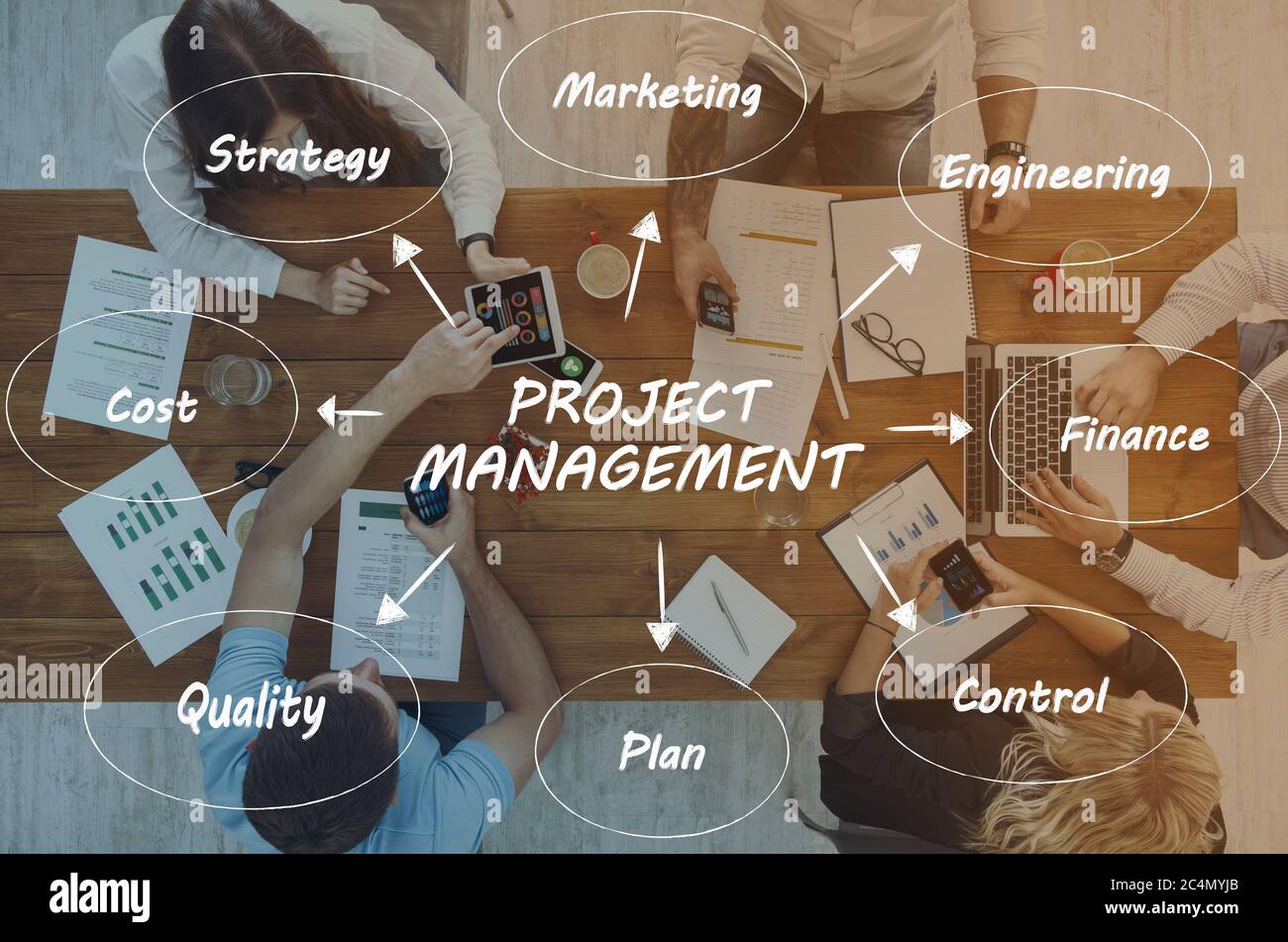 Illustrative idea of project management over working business team Stock Photo
