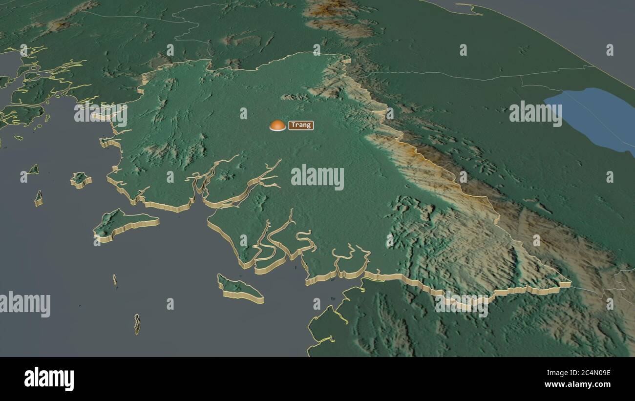 Zoom In On Trang Province Of Thailand Extruded Oblique Perspective Topographic Relief Map With Surface Waters 3d Rendering Stock Photo Alamy
