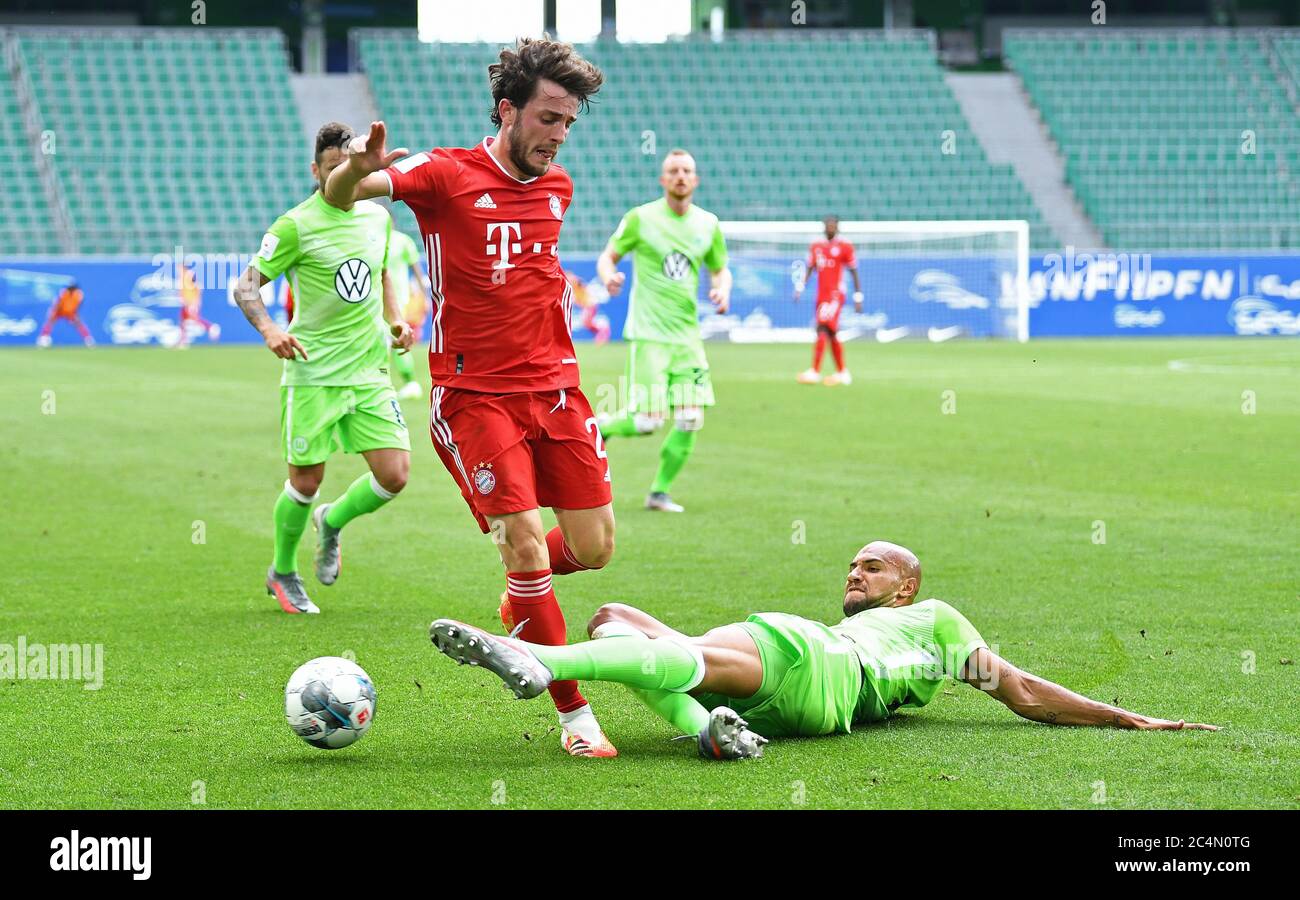 Wolfsburg, Germany, 27 th June 2020,  Alvaro ODRIOZOLA, FCB 2  compete for the ball, tackling, duel, header, zweikampf, action, fight against John Anthony Brooks at the 1.Bundesliga match  VFL WOLFSBURG - FC BAYERN MUENCHEN 0-4 in season 2019/2020 am matchday 34. FCB Foto: © Peter Schatz / Alamy Live News / Groothuis/Witters/Pool   - DFL REGULATIONS PROHIBIT ANY USE OF PHOTOGRAPHS as IMAGE SEQUENCES and/or QUASI-VIDEO -   National and international News-Agencies OUT  Editorial Use ONLY Stock Photo